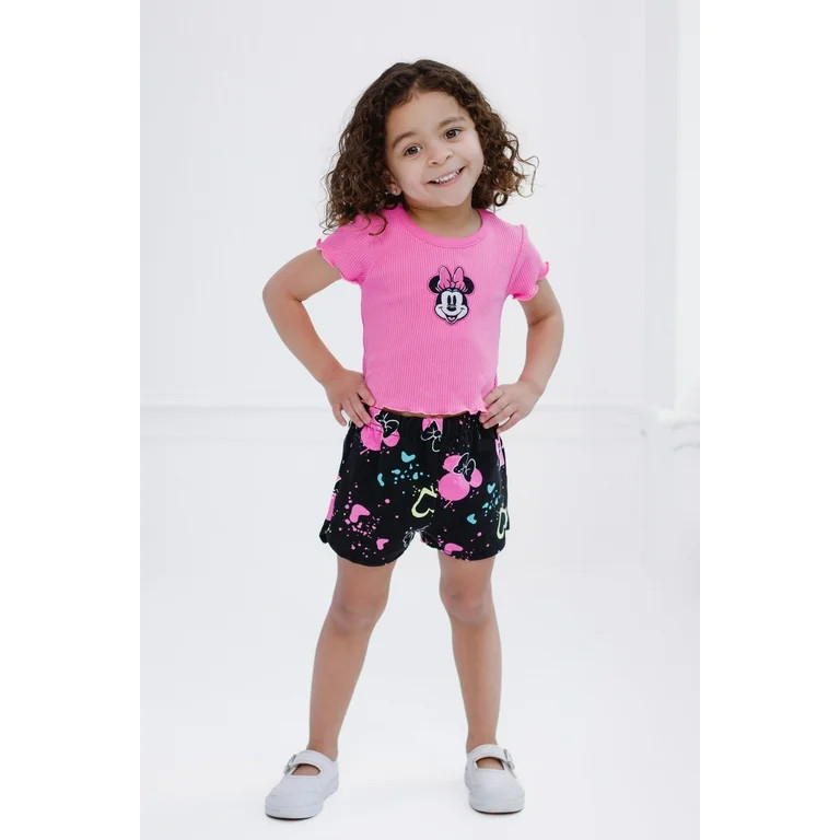 Disney Minnie Mouse Ribbed T-Shirt and French Terry Shorts Outfit Set Graffiti Toddler to Big Kid | Walmart (US)
