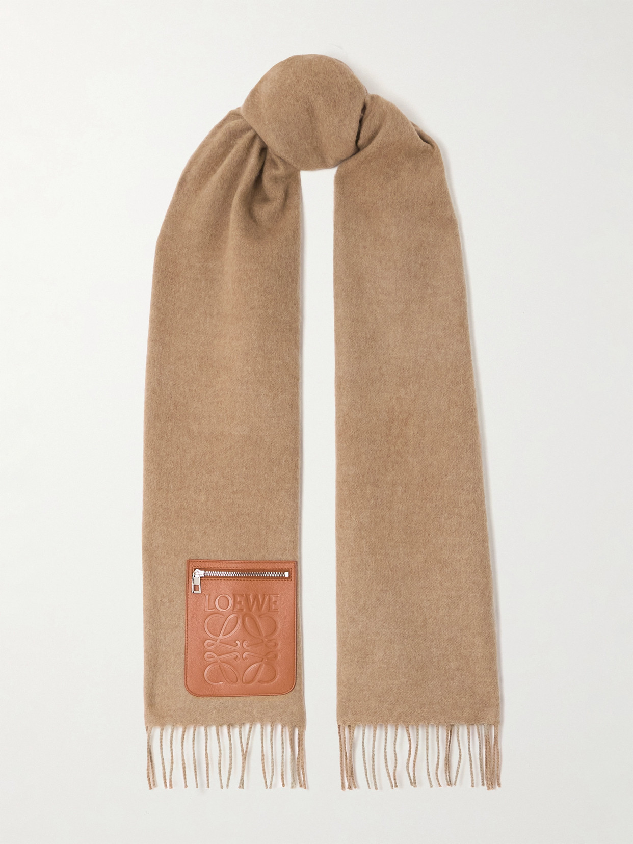 LOEWE - Leather-trimmed Fringed Wool And Cashmere-blend Scarf - Beige | NET-A-PORTER (UK & EU)