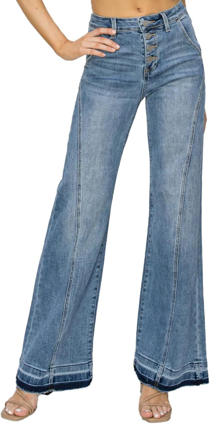 SALT TREE Risen Jeans - High Rise Button Down Front Seam W/Released Hen Wide Jeans - RDP5722 | Amazon (US)