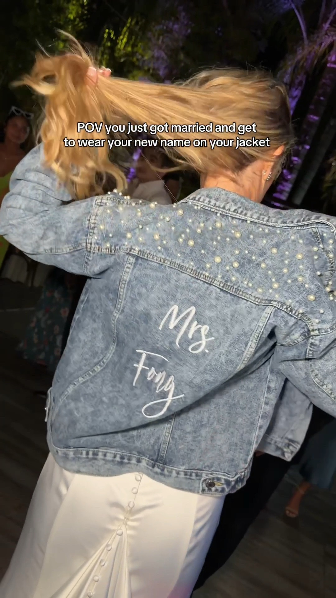 POV you just got married and get to wear your new name on your jacket. This personalized embroidered jean jacket was so cute to wear on my wedding night. 💍😍￼

#LTKootd #LTKgrwm #LTKWedding