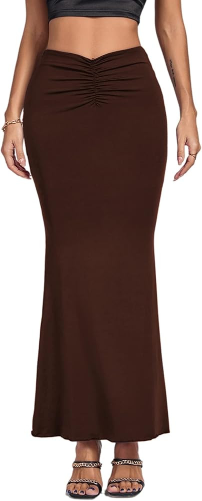 Umenlele Women's Casual High Waist Ruched Stretchy Bodycon Long Maxi Skirt | Amazon (US)