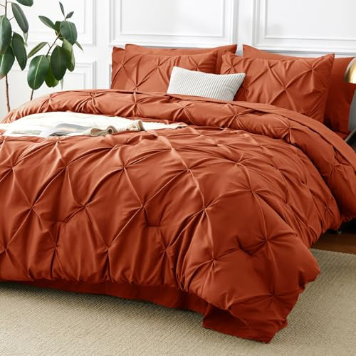 CozyLux Burnt Orange Comforter Set Queen Bed in a Bag 7 Pieces Pintuck Comforters Queen Size Terracotta Pinch Pleat Bedding Sets with Comforter, Flat Sheet, Fitted Sheet and Pillowcases & Shams | Amazon (US)