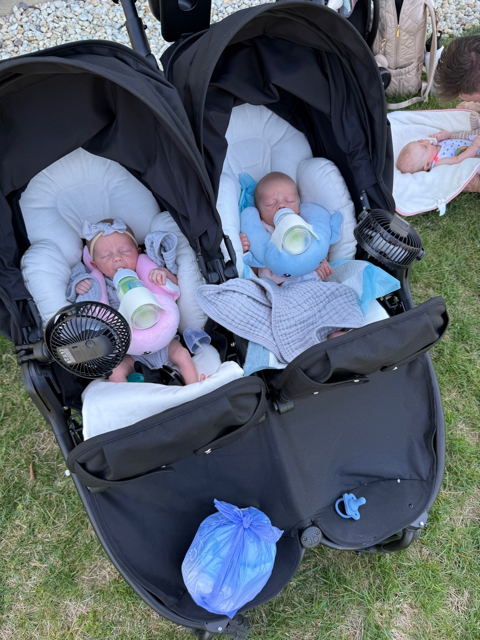 Twin double stroller set up with stroller infant inserts!