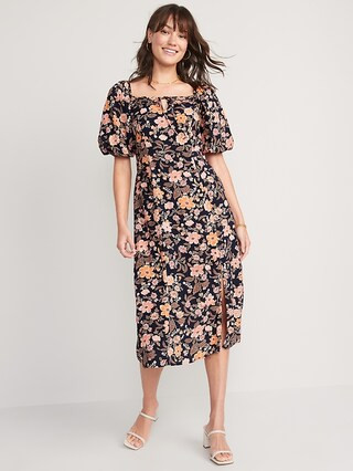 Puff-Sleeve Floral-Print Pintucked Smocked Midi Swing Dress for Women | Old Navy (CA)