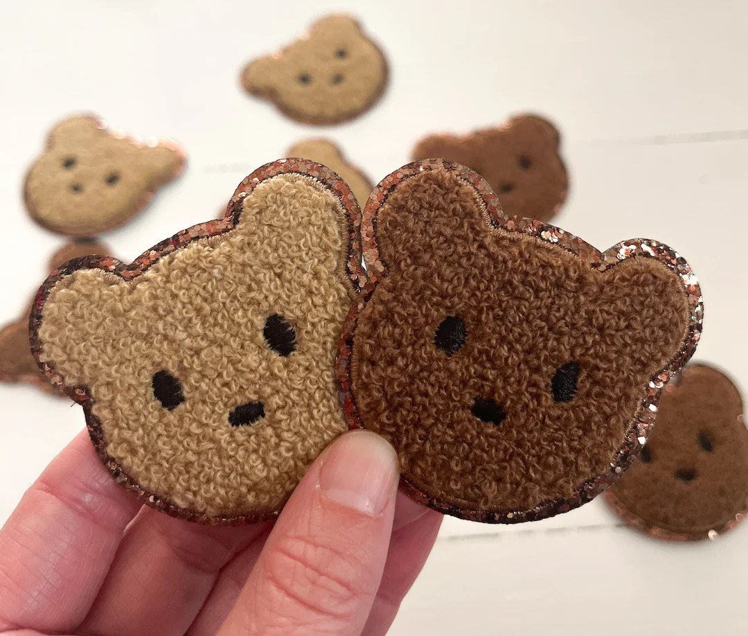 Light Dark Brown Chenille Iron on Bear Face Patches With Brown Glitter Trim Kids Patches Cute Pat... | Etsy (US)
