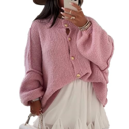 Women Chunky Cardigan Sweaters Winter Button Down Lantern Sleeve Sweater Jackets Y2K Wool Knit Coats Trendy Outerwear, Pink, Medium | Amazon (US)