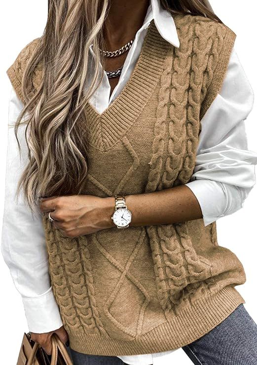 HOTAPEI Sweater Vest Women Oversized V Neck Sleeveless Sweaters Womens Cable Knit Tops | Amazon (US)