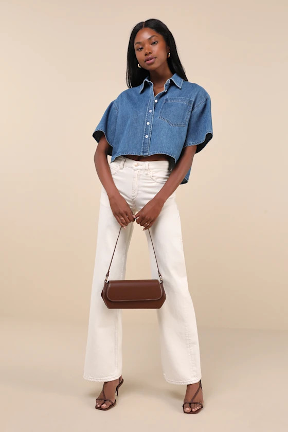 Ensured Cuteness Medium Wash Denim Button-Up Collared Top | Lulus