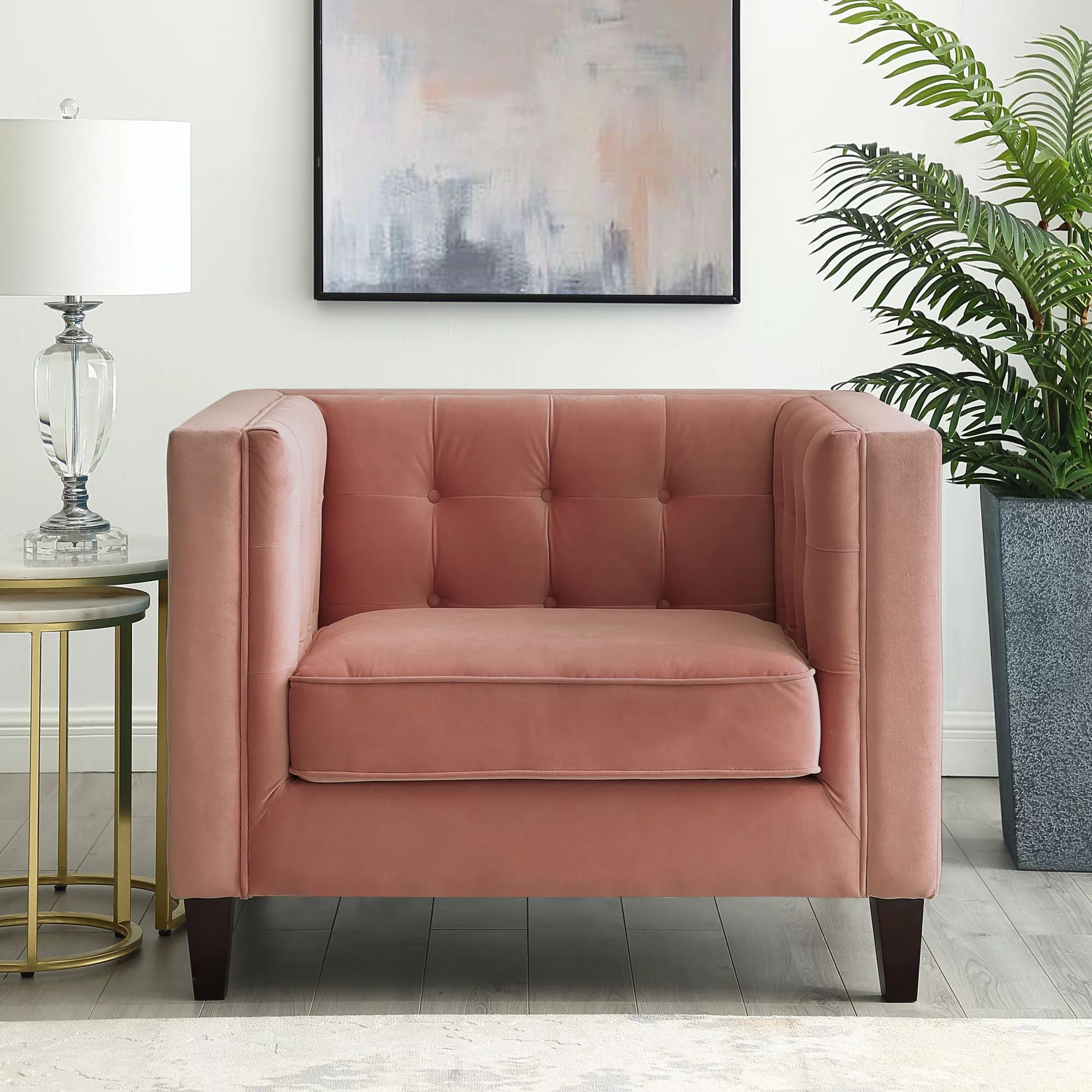 Inspired Home Rin Velvet Club Chair Button Tufted Square Arms Tapered Legs Modern, Blush | Walmart (US)