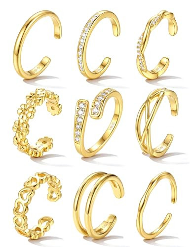 sailimue Gold Toe Rings for Women Non Tarnish- Adjustable 14K Gold Filled Toe Ring Silver Dainty Open Toe Rings Set Waterproof Summer Beach Foot Jewelry 9Pcs | Amazon (US)