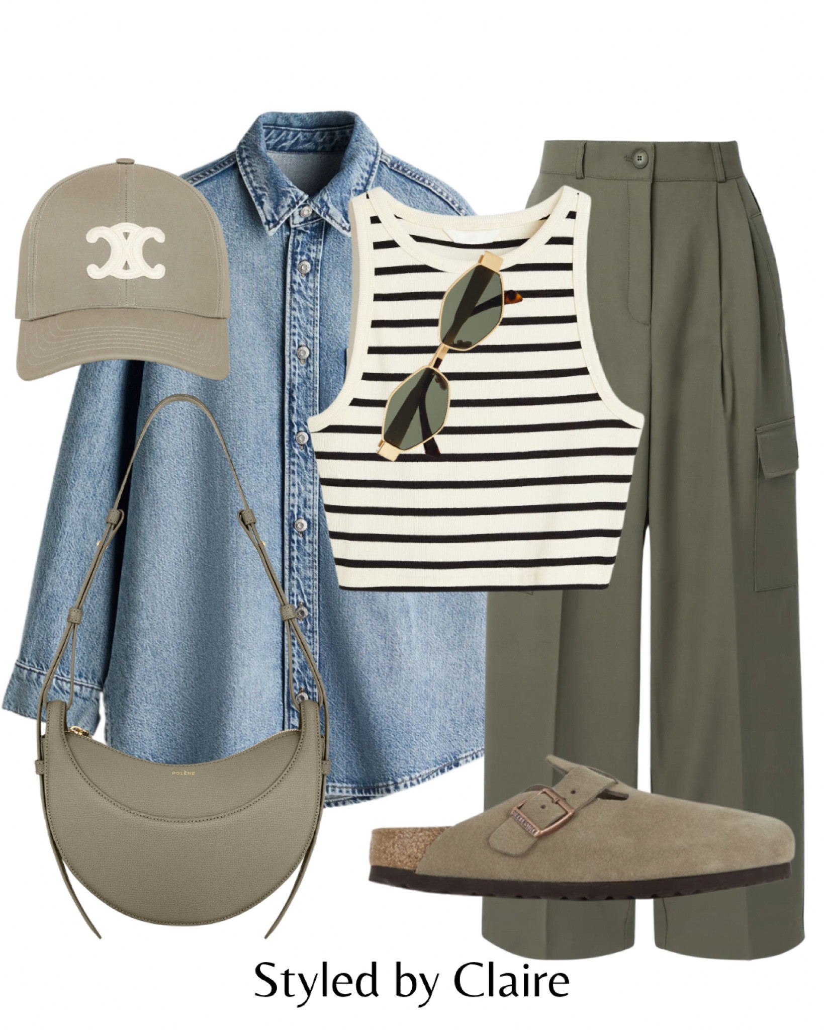 Shades of green 🫒 
Tags: h&m denim oversized shirt crop vest top stripe ribbed tank khaki cargo pants Birkenstock Boston clogs polene Paris shoulder bag sunglasses cap fashion spring inspo outfit ideas chic women’s style city break casual brunch capsule wardrobe basics

#LTKshoes #LTKspring #LTKstyletip