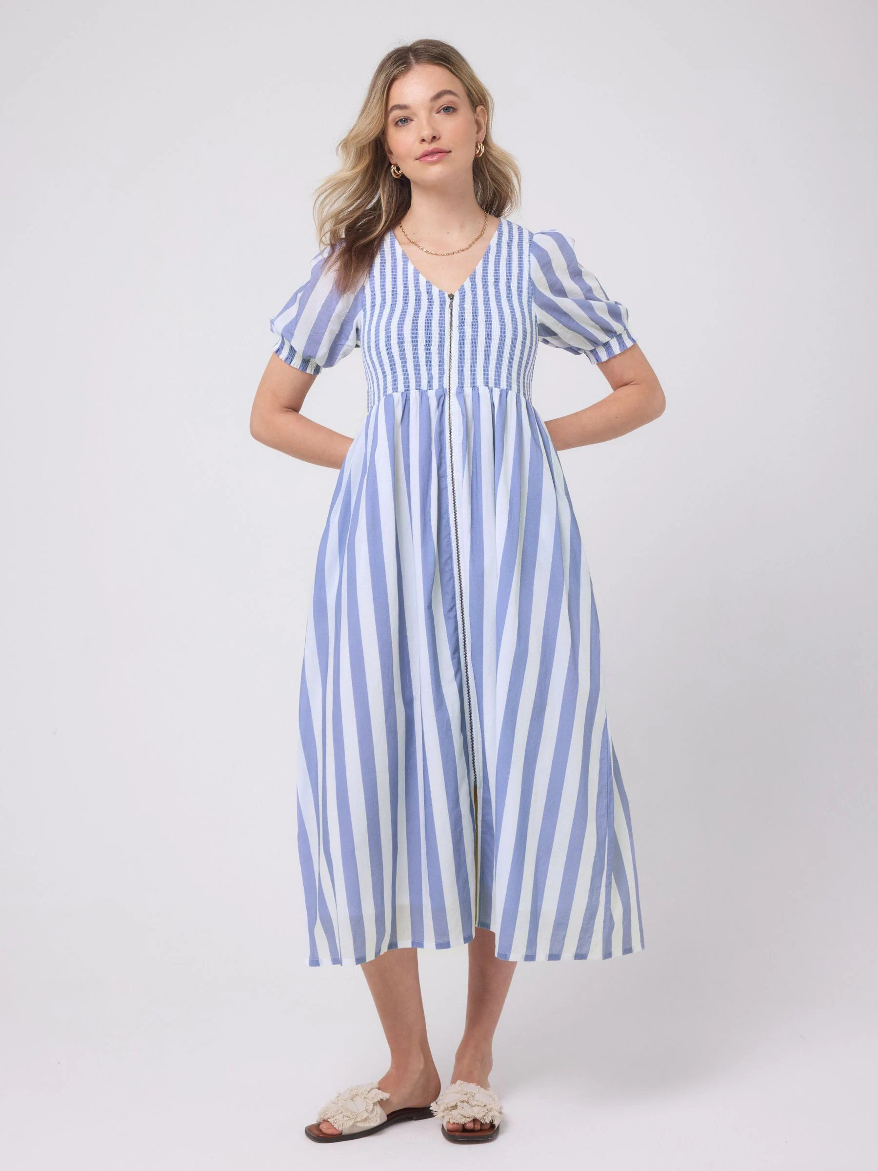 SCAMP & DUDE SCAMP & DUDE Blue Stripe Shirred Zip Front Midi Dress | Next US