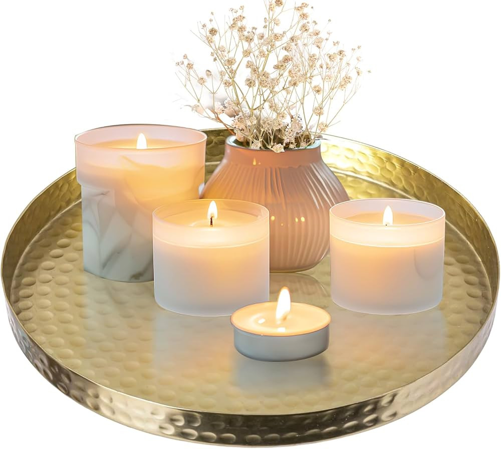 Hammered Brass Gold Serving Tray, Circle Round Candle Plate Decorative Tray, Aluminum Vanity Tray... | Amazon (US)