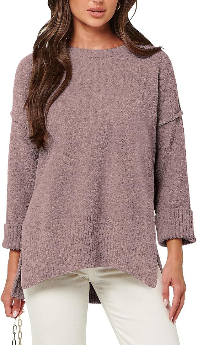 Women's Crewneck Oversized Sweaters Fuzzy Knit Chunky Warm Side Slit Pullover Sweater Top | Amazon (US)