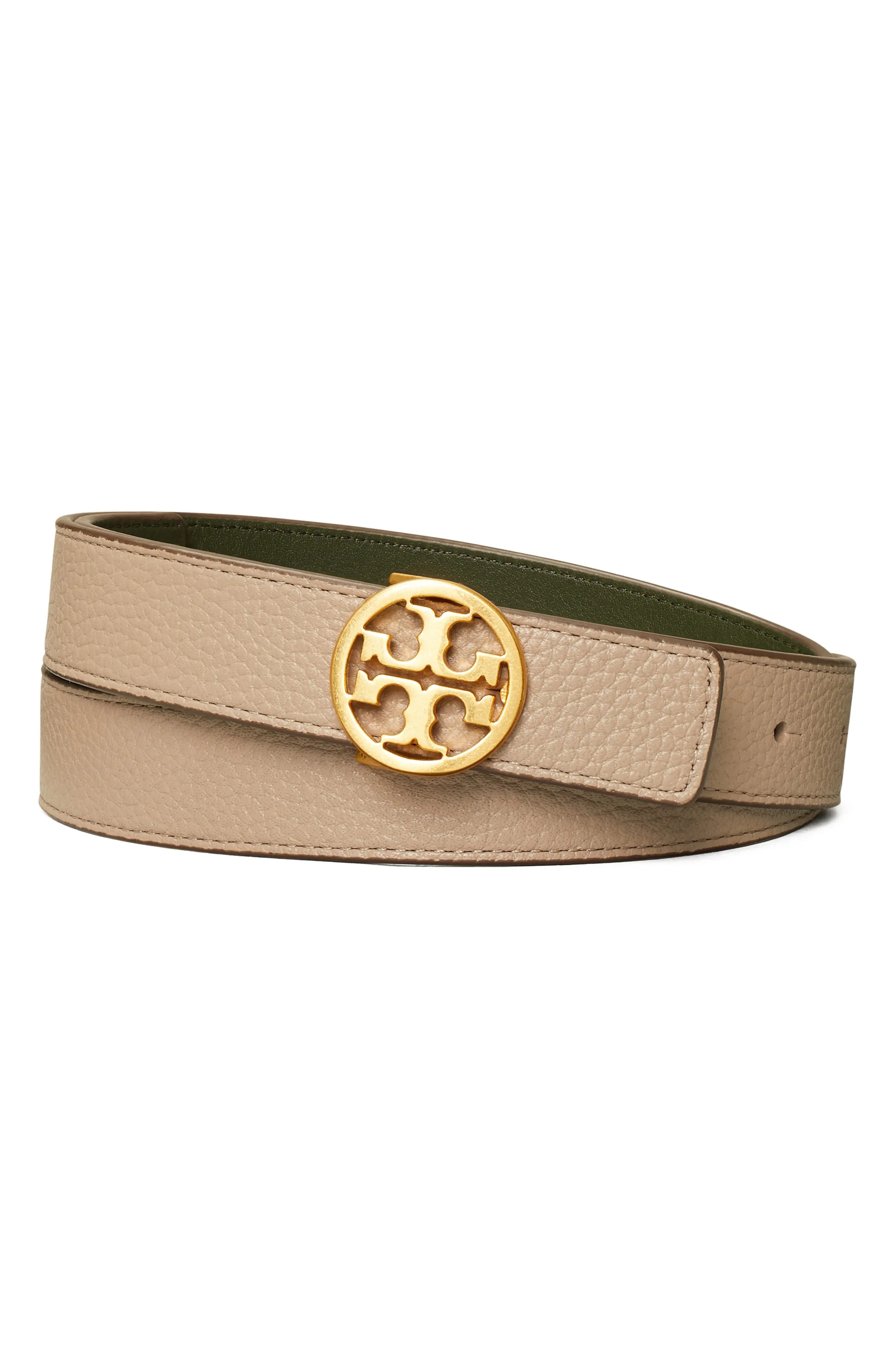 Women's Tory Burch Reversible Leather Belt, Size Medium - Gray Heron / Poblano / Gold | Nordstrom