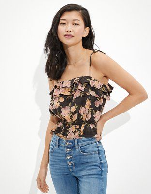 AE Floral Ruffled Tie-Strap Crop Top | American Eagle Outfitters (US & CA)