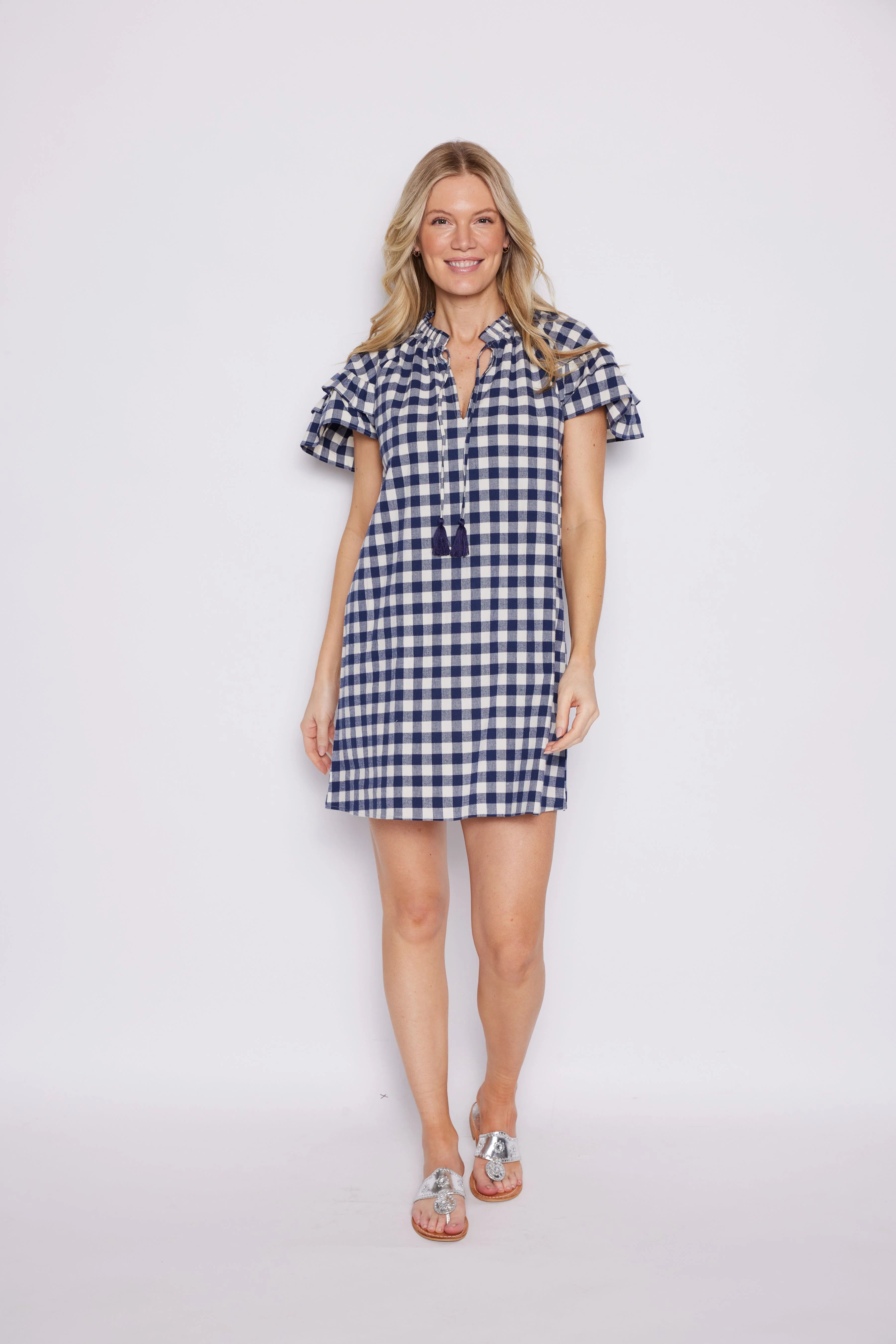 Navy Gingham Ruffle Sleeve Dress with Tassels | Sail to Sable