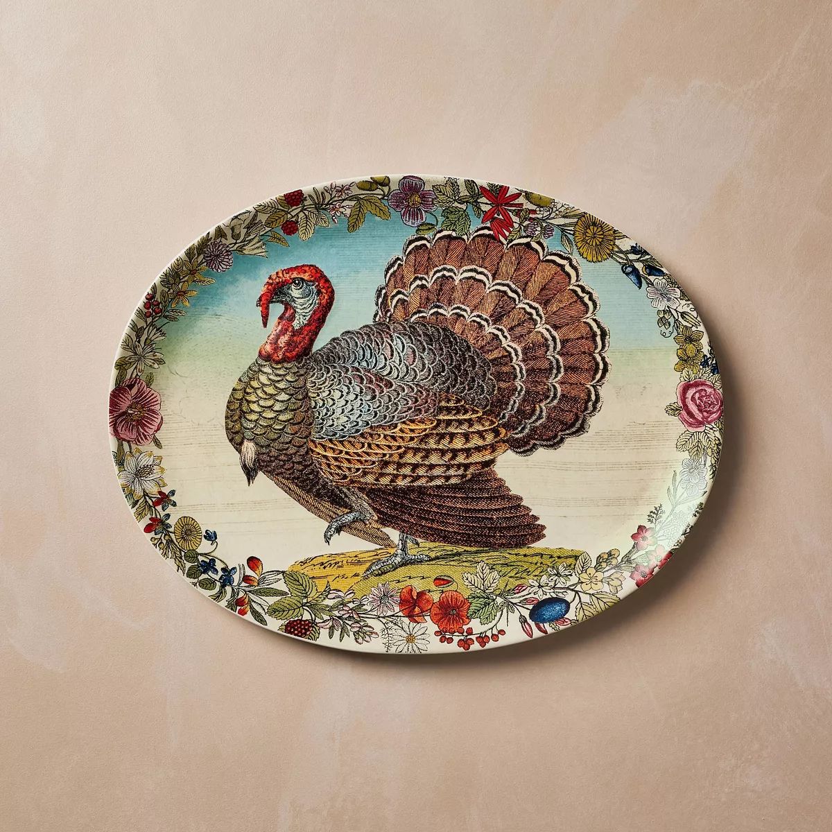14"x18" Oval Stoneware Platter Fall Turkey with Floral Border - John Derian for Target | Target