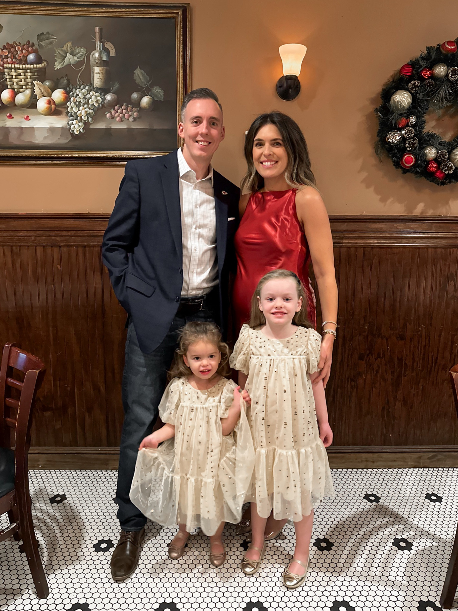 Merry Christmas! Red satin dress. Gold sequin dress. Metallic ballet flats. Sparkly shoes. Sparkly bag  Holiday outfits. Holiday photo. Family photo. Family style. Christmas card. Christmas outfit. Holiday style. Girls style. Bump style. New Year’s Eve outfit.

#LTKHoliday #LTKparties #LTKkids