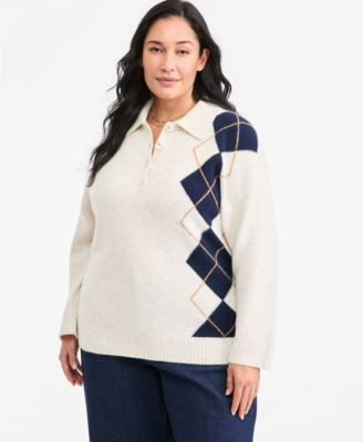 On 34th Plus Size Argyle Polo Long-Sleeve Sweater, Macy's Exclusive - Natural Oat Hth | Macy's