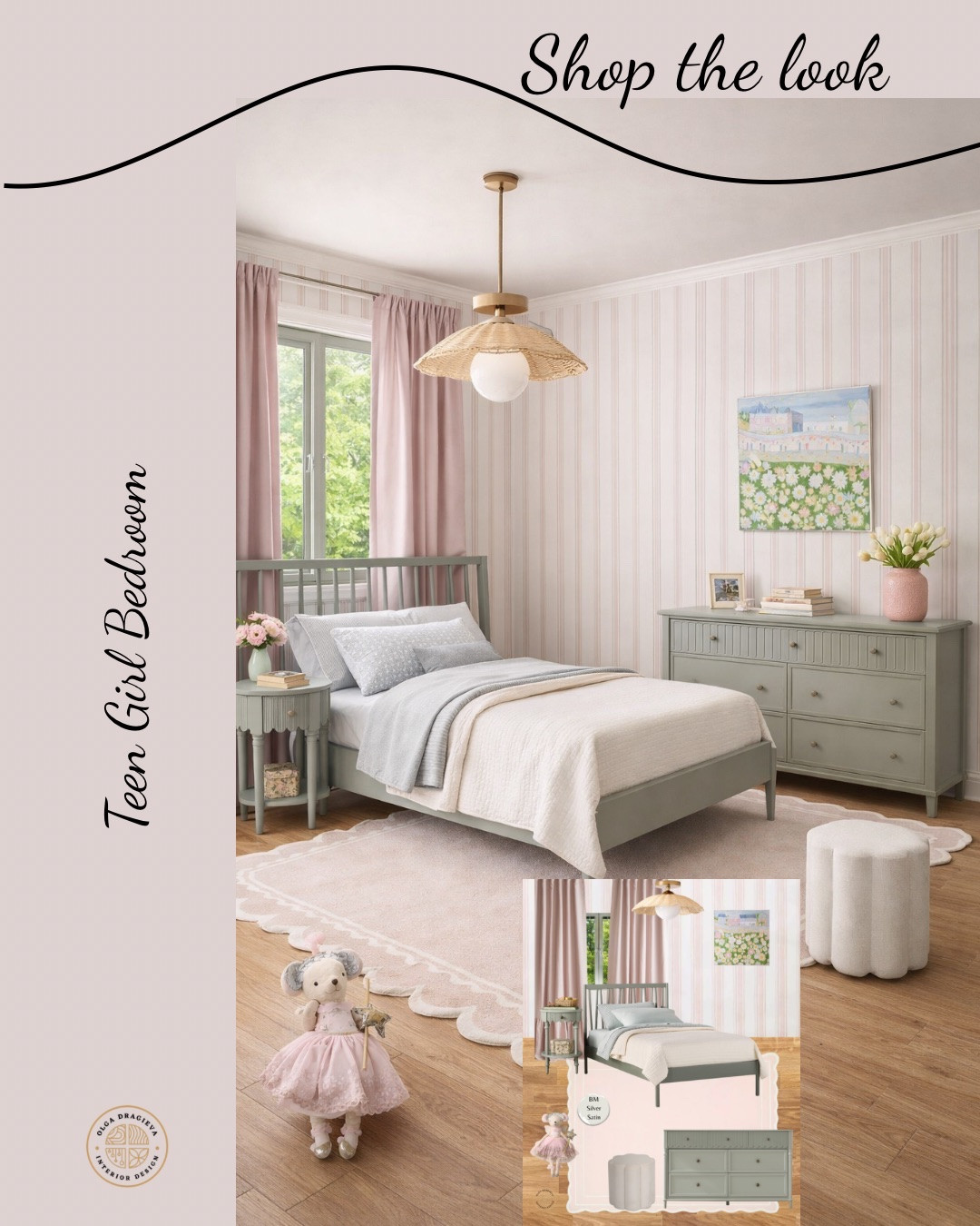 Teen girl bedroom, how cute is this? I love the striped wallpaper, green bed, gorgeous dresser and nightstand from Pottery Barn. Scalloped blush pink rug. #homedecor #teenbedroom

#LTKHome #LTKKids #LTKmomlife