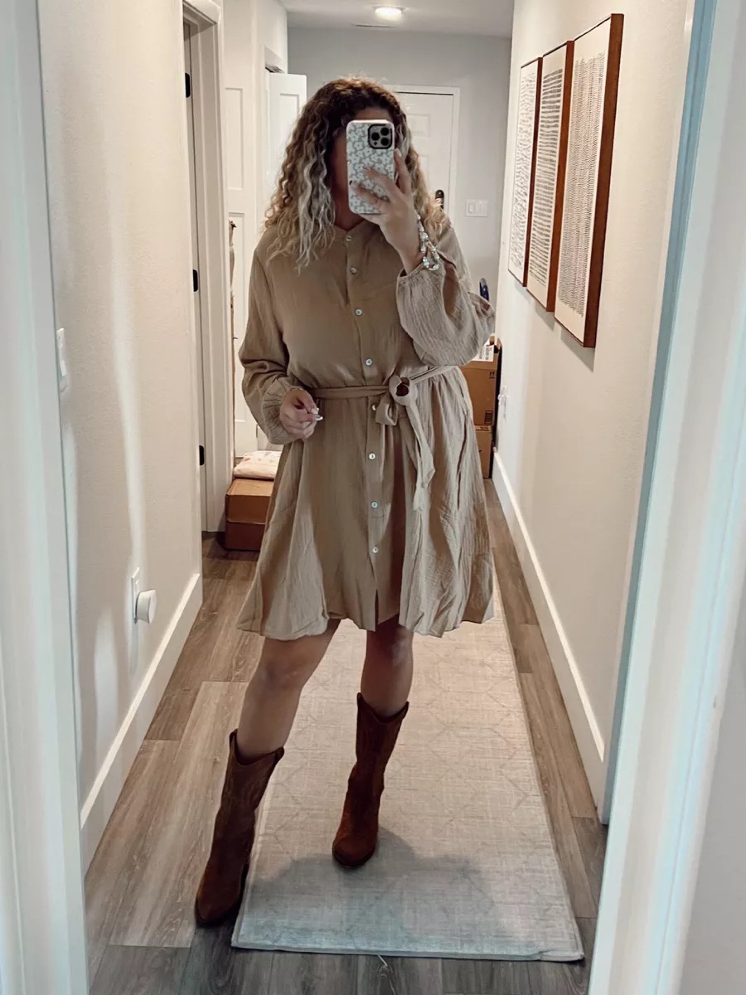 Fall dress, family pictures, family photos, fall outfit, fall fashion, boots, great neutral waist tie dress from Amazon and cowboy boots. Great dress for fall activities, Thanksgiving or family photos!

#LTKstyletip #LTKSeasonal #LTKHoliday