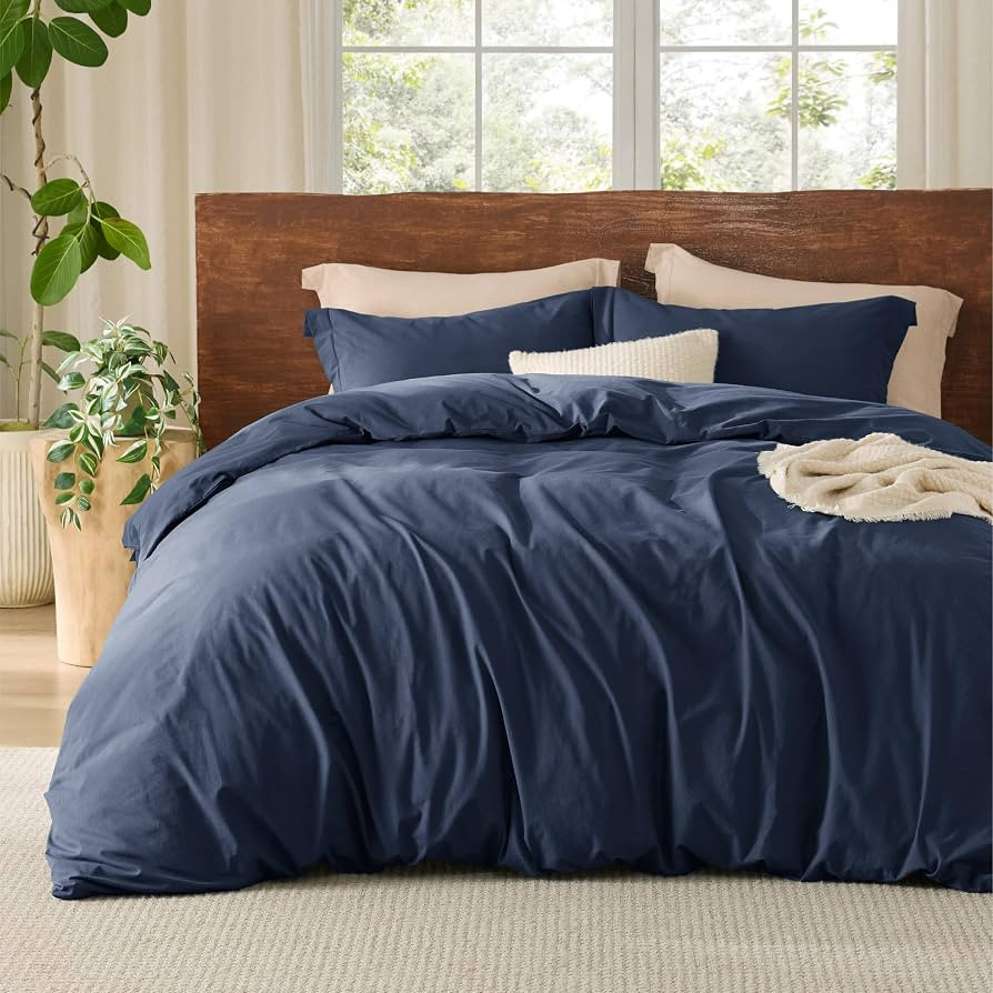 Bedsure 100% Washed Cotton Duvet Cover King Size - Navy Minimalist Cotton Duvet Cover Linen Like ... | Amazon (US)