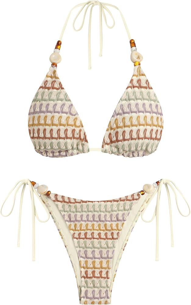 ZAFUL Conjuntos de bikini para mujer con cuentas, traje de ba\u00f1o triangular de 2 piezas con c... | Amazon (US)