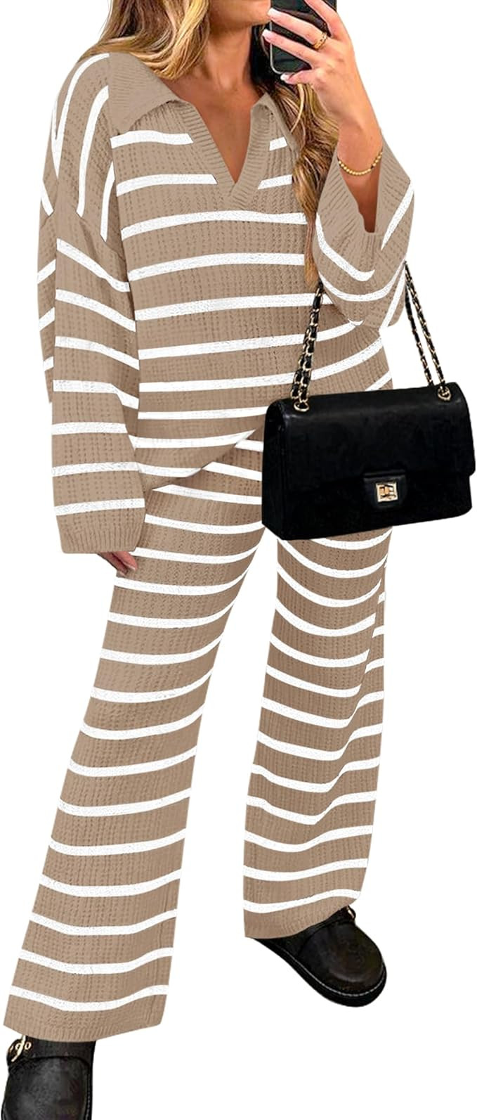 ZESICA Women's 2 Piece Sets Fall Casual Striped Long Sleeve V Neck Knit Sweater Tops and Wide Leg... | Amazon (US)