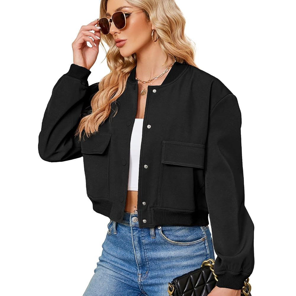 Zando Bomber Jacket Women 2025 - Short Cropped Jacket Women Button Down Long Sleeve Casual Varsit... | Amazon (US)