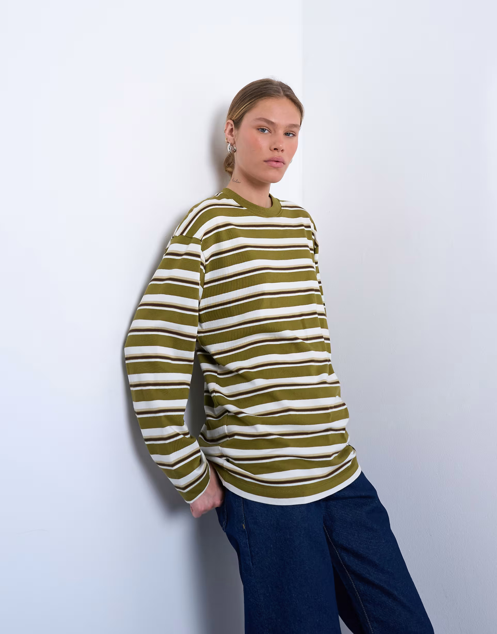 Topshop stripe long sleeve slouchy skater tee in khaki | ASOS (Global)