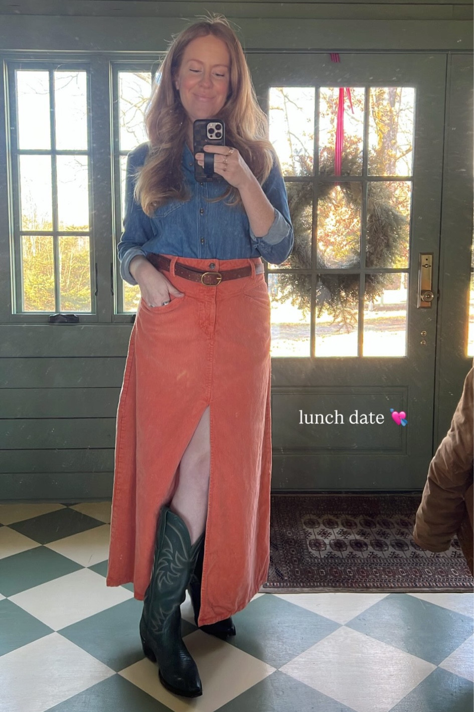 Valentine lunch date medium wash denim top studded brown belt tecovas cowboy boots corduroy long skirt with slit skirt is nuuly but I found similar at the loft!

#LTKSaleAlert #LTKOver40