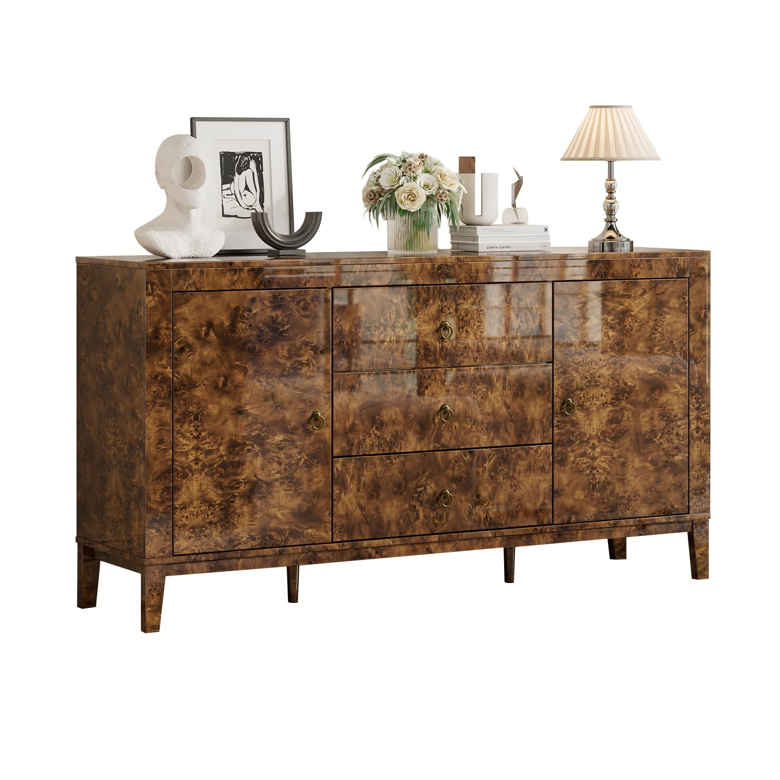60'' Burl Wood Buffet Sideboard, High Gloss Storage Cabinet with 3 Drawers & 2 Closed Cabinets, M... | Amazon (US)