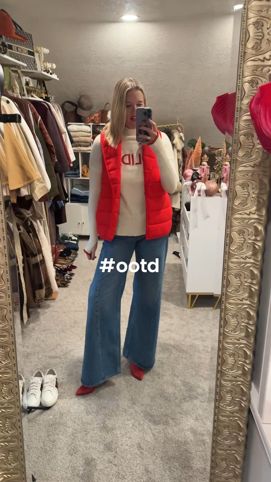 OOTD 

Spanx air essentials puffer vest 
Spanx tts save 15% off  with code 
DARCYXSPANX 

Mothers denim lemon twist tts
Jeans, so flattering

Holiday sweater (cant be linked) 

Red booties by aerosol (linked similar 

Red lip thrive crayons color Linda 



#LTKootd #LTKOver40