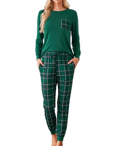 difficort Womens Pajamas Long Sleeve Christmas Pjs Sleepwear Plaid Pajama Pants Set with Pockets, Green & Black Pliad, Small | Amazon (US)