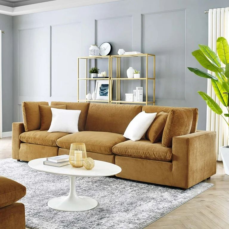 Modway Commix Down Filled Overstuffed Performance Velvet 3-Seater Sofa in Cognac - Walmart.com | Walmart (US)