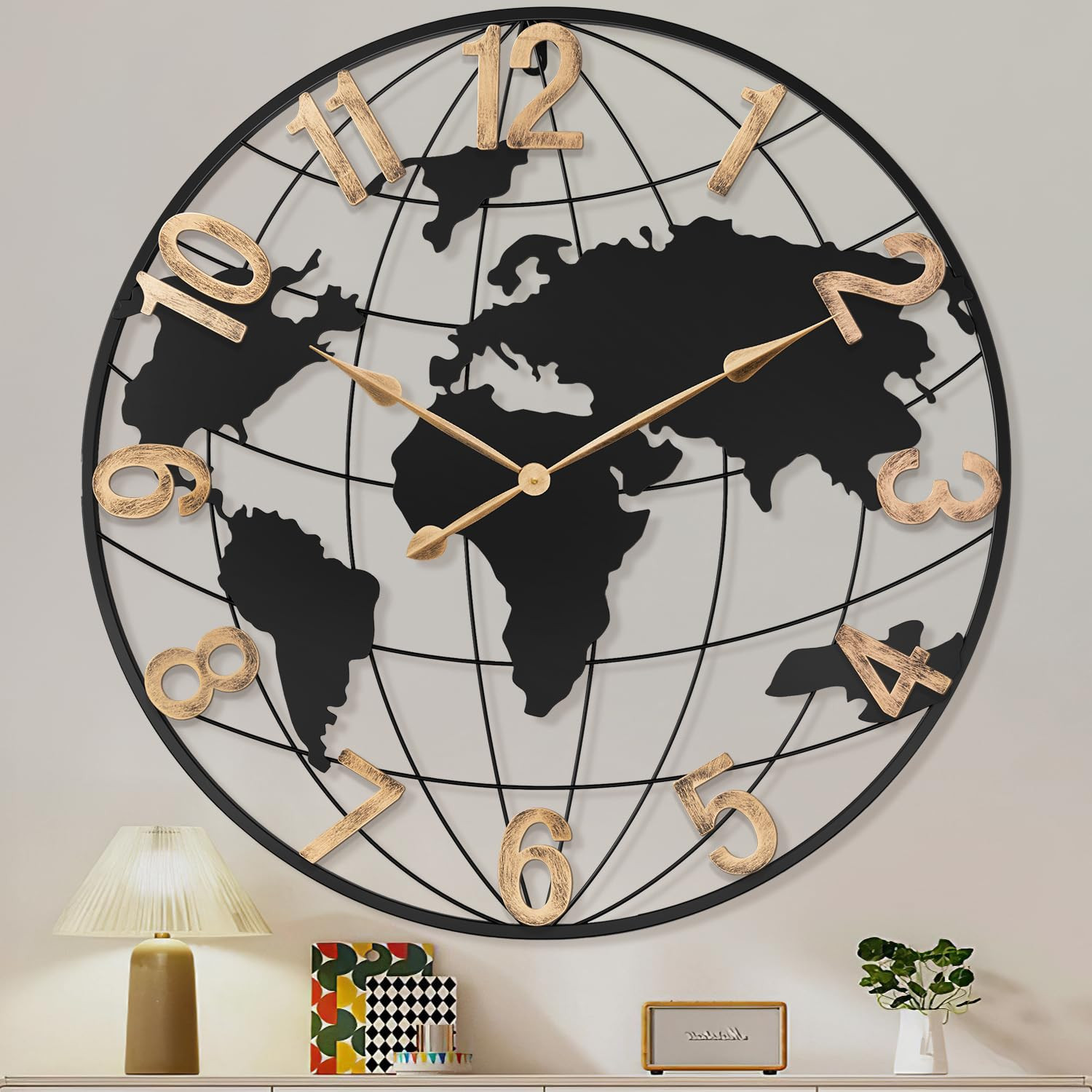 36 Inch Extra Giant Oversized Black Metal Wall Clock,Large Modern Decorative Silent World Map Wal... | Amazon (US)