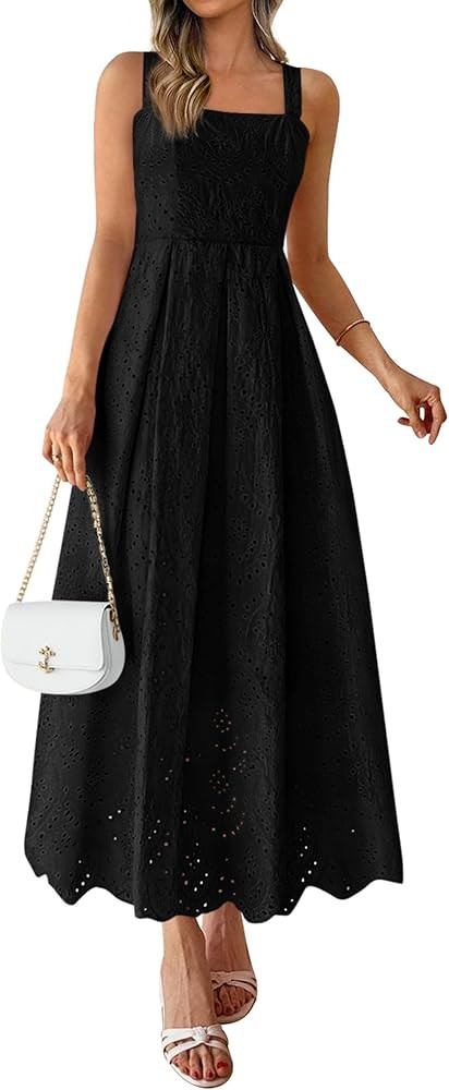 PRETTYGARDEN Womens Sleeveless Maxi Summer Dresses 2026 Hollow Out Eyelet Square Neck Ruffle Flow... | Amazon (US)