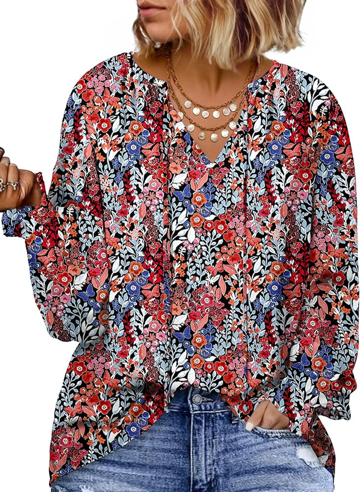 Eytino Plus Size Tops for Women V Neck Long Sleeve Drawstring Floral Boho Print Blouse Shirts Vac... | Amazon (US)