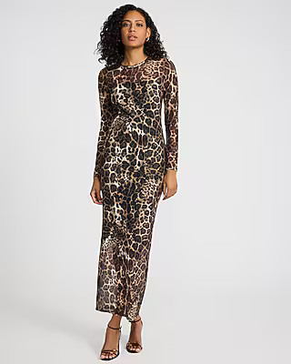 Leopard Mesh Crew Neck Long Sleeve Maxi Sheath Dress | Express