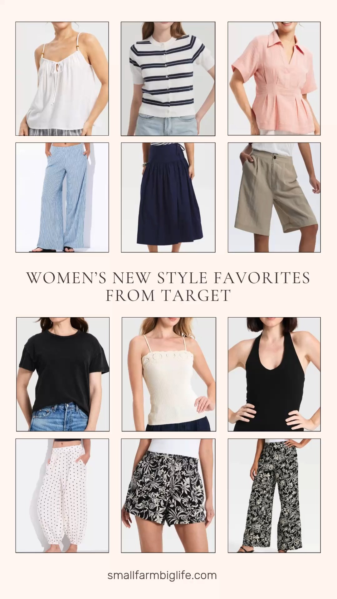Target is dropping so many good new styles right now and this round up has something for every summer wardrobe. I love the low rise wide leg pants in the light blue stripe and the black and cream floral linen wide leg pants for an effortless warm weather look, and the drop waist flared midi skirt in navy is such a flattering and fun silhouette for summer. The dolman collared top in pink and the striped cardigan sweater are two of my favorite tops in this drop and both style so easily with the wide leg pants or shorts. The balloon pants in black and white polka dot are such a playful option and the linen shorts in khaki and floral are perfect for a casual summer day. Tap to shop! 

 #LTKgrwm #LTKootd #LTKOver40