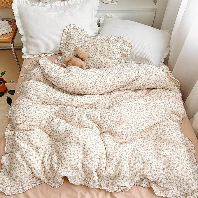 BuLuTu Kids Duvet Cover Soft 2-Layer Cotton Muslin Floral Duvet Cover Beige Comforter Cover Beddi... | Amazon (US)