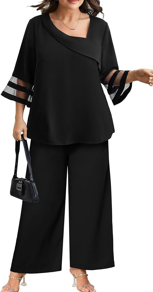 AOVDE Plus Size Pant Suits 2 Piece Casual Dressy Pantsuits Mesh Panel Bell Sleeve Outfits for Wom... | Amazon (US)