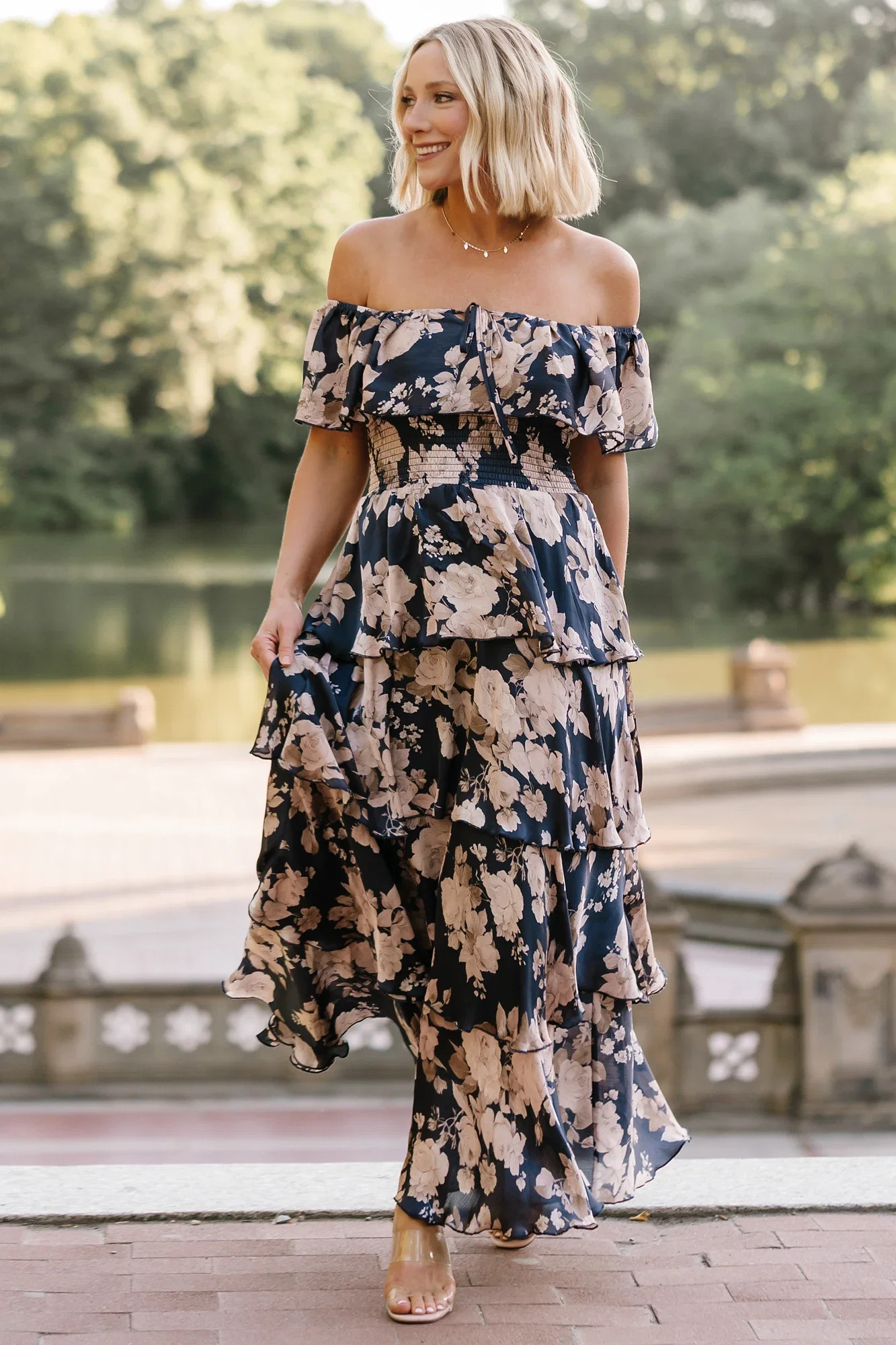 Isabelle Off Shoulder Maxi Dress | Navy + Taupe Floral | Baltic Born