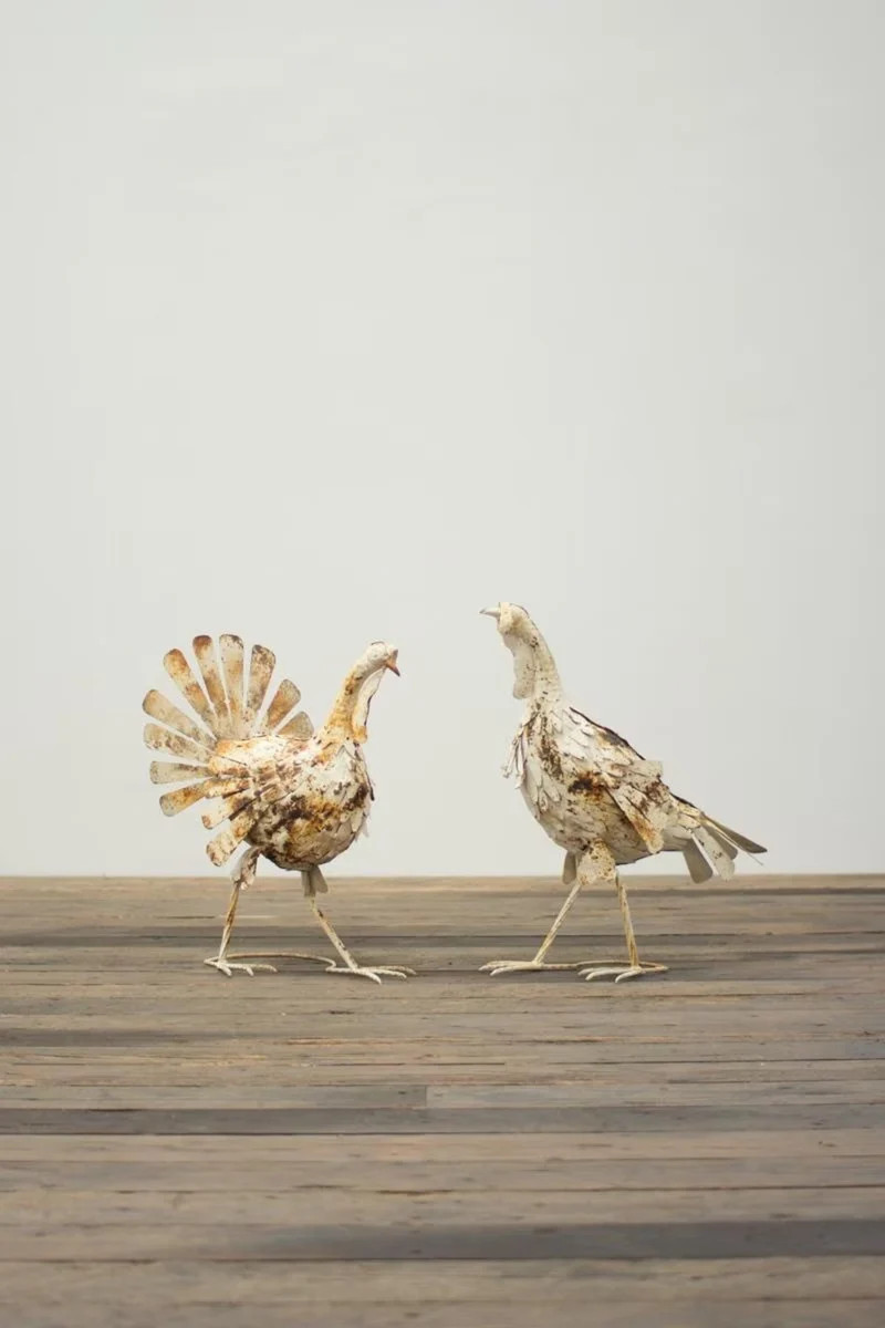 Antique White Metal Turkey Statues, Set of 2 | Plow & Hearth