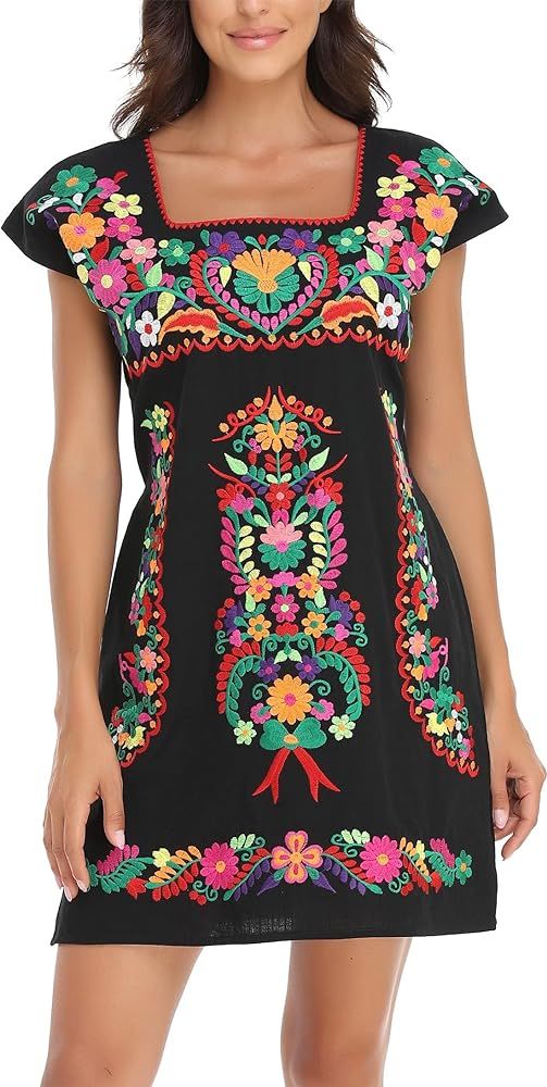 YZXDORWJ Women Mexican Embroidered Dress Ruffle Collar Sleeveless | Amazon (US)