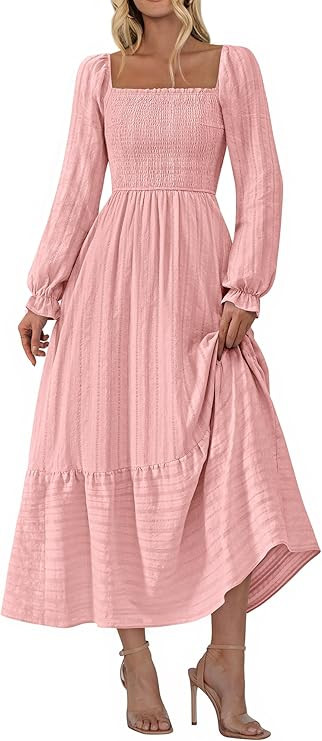 BTFBM Women Maxi Spring Dresses 2026 Long Sleeve Solid Color Square Neck Smocked Boho Long Weddin... | Amazon (US)