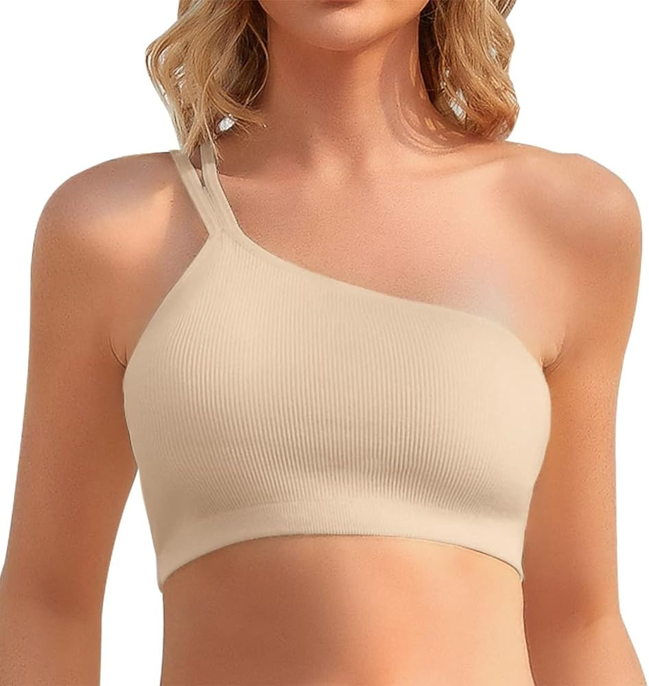 INIBUD One Shoulder Sports Bra Bralette for Women Seamless Bandeau Removable Padded Adjustable St... | Amazon (US)