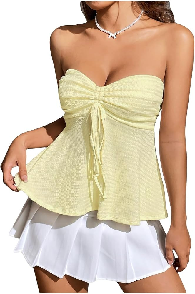 Milumia Women Tie Front Ruched Tube Top Y2k Summer Strapless Peplum Tops Babydoll Flowy Tops | Amazon (US)