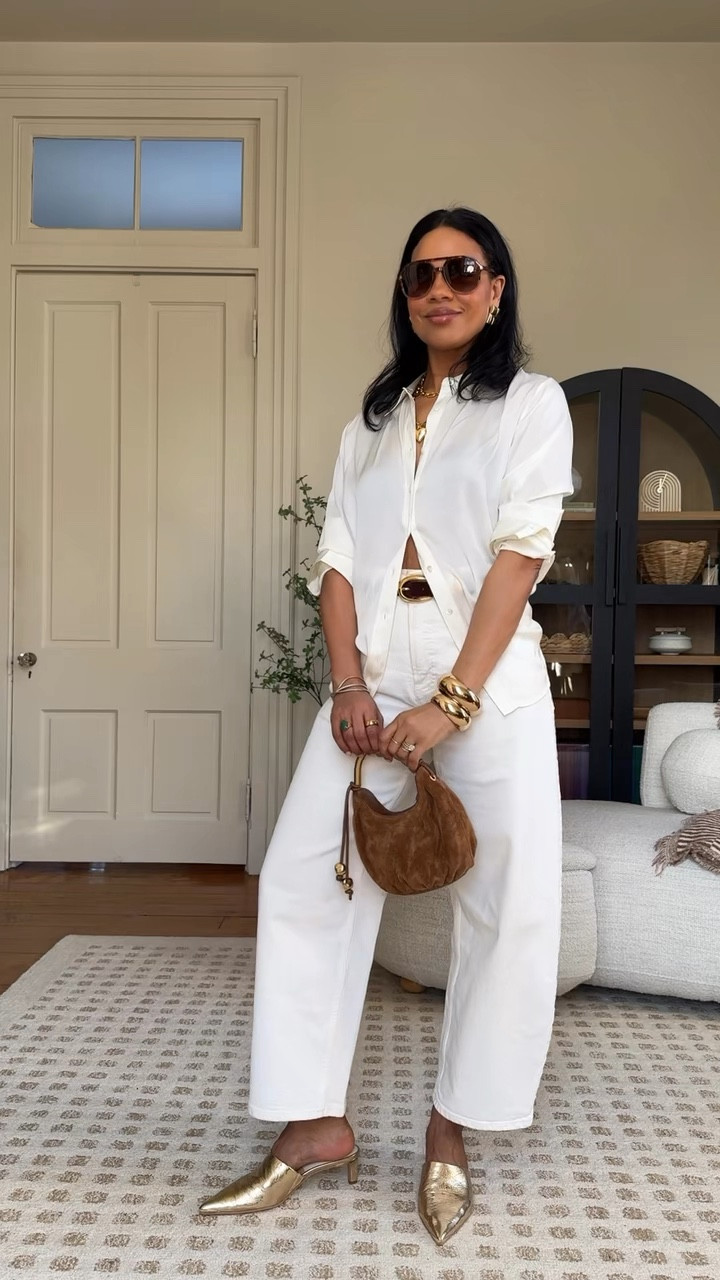 It’s about 16 degrees outside and I am ready for bare ankle season! Who else? Here is what I would wear if it didn’t feel like the arctic tundra outside 😂 
SIZING: size up in the barrel jeans and I got the shorter length. I’m 5’4”. 
In the wide leg flare crop, go true to size and get the regular if you have no booty. If you have a booty and struggle with waist gap, get the curvy and size down. 
I sized up in the silk blouse. I went tts with all the other tops and jeans :) 

#LTKOver40 #LTKWatchNow #LTKStyleTip